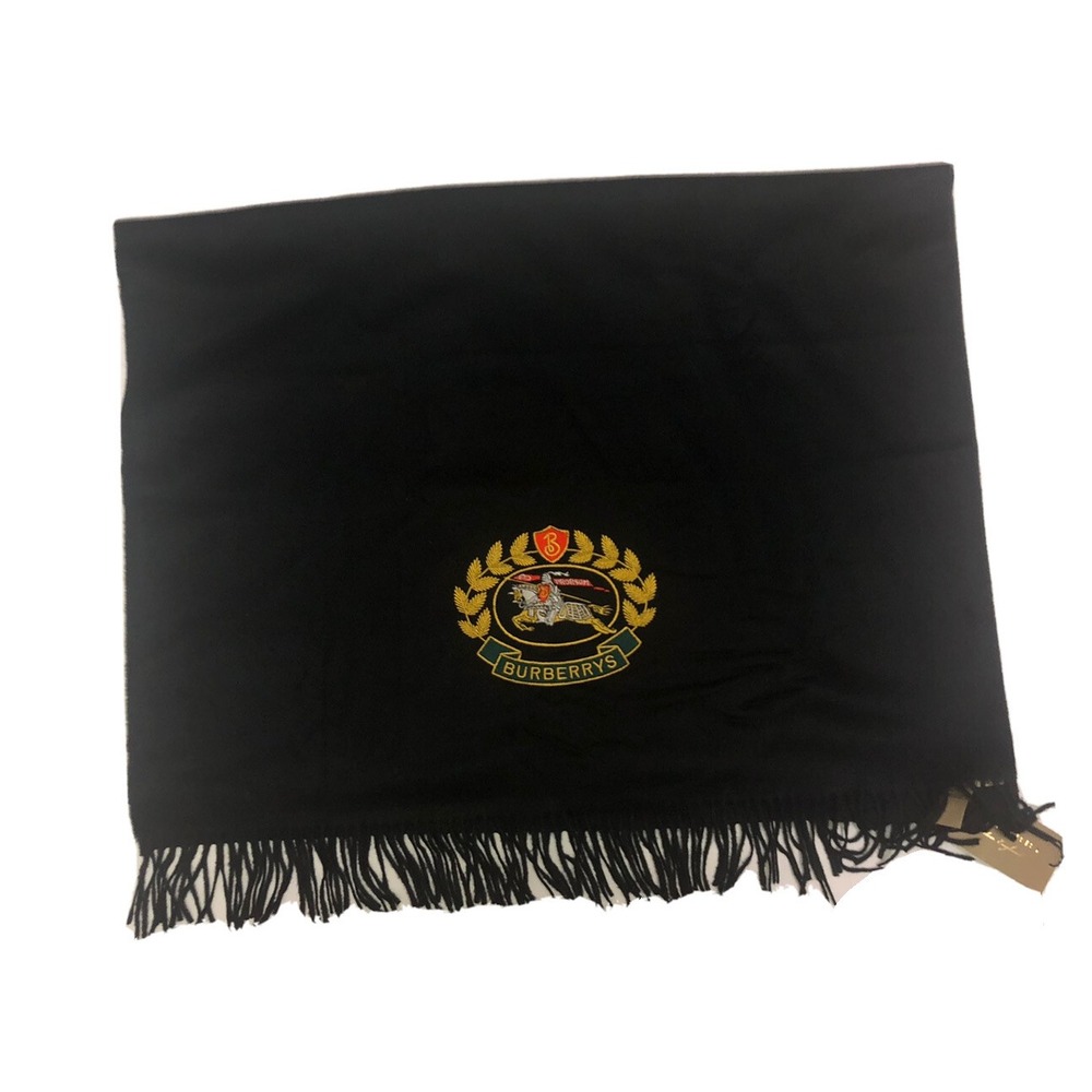 Burberry Scarf‎ Black Stole Embroidered Crest 100% Cashmere Scotland 87x27" NEW